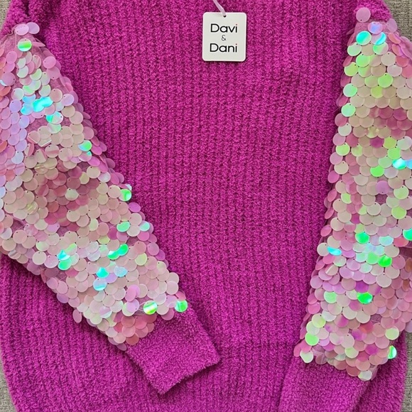 NWT DAVI & DANI Vibrant Pink Sweater Tunic with Sequin Sleeves - Picture 5 of 14